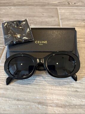 Celine Black Oval Sunglasses with Gold Logo Case